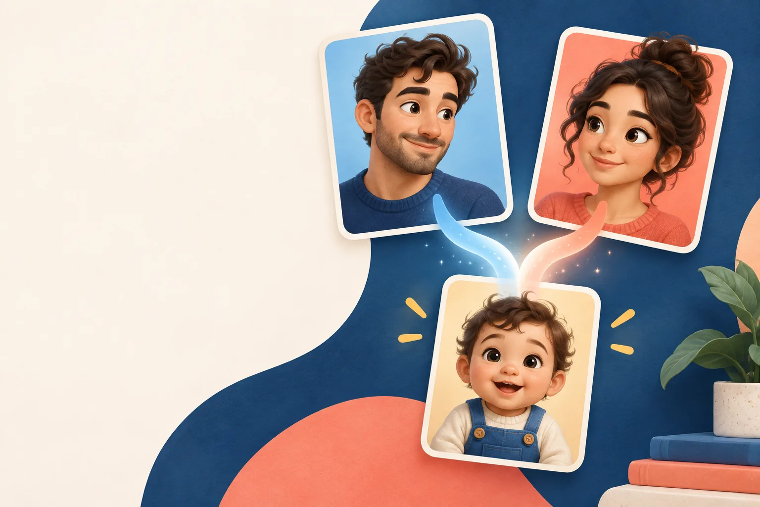 Ilustración de dos retratos ficticios que se combinan en un retrato de bebé, no es un resultado real